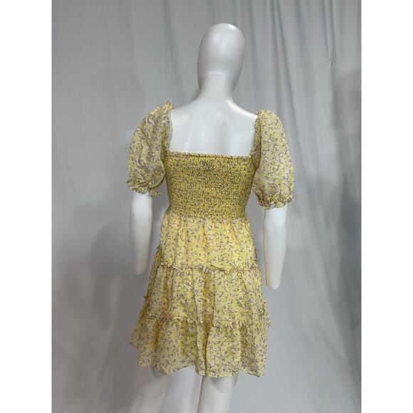 Bardot Junior 'Tiered' Yellow Square Neck Three Quarter Sleeve Floral Dress - Picture 3 of 5